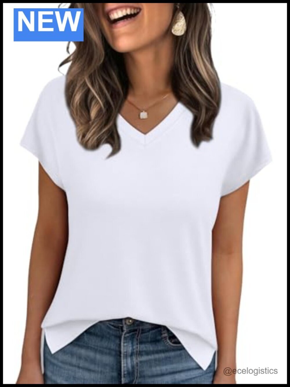 V Neck Short Sleeve T Shirt Dressy Casual Loose Fit Split Hem Tee
